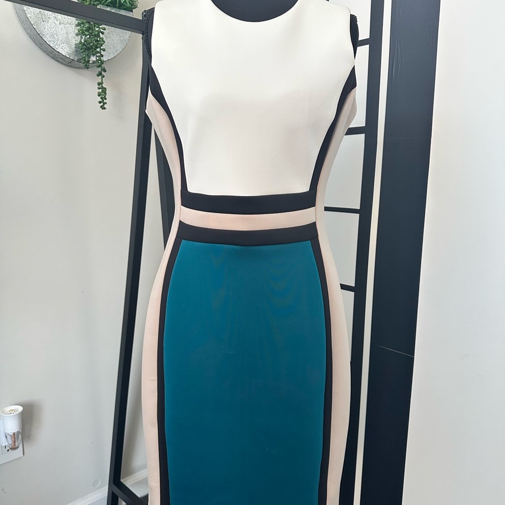 Calvin Klein Colorblock Midi Dress in Teal and Cream
